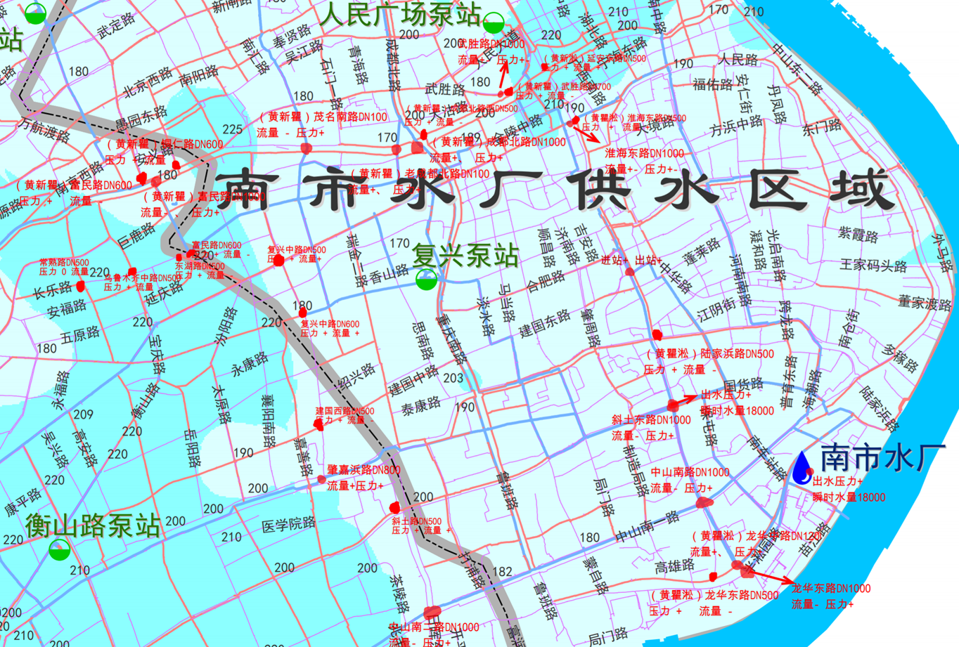 Demonstration area map for one-plant-two-stations water dispatch